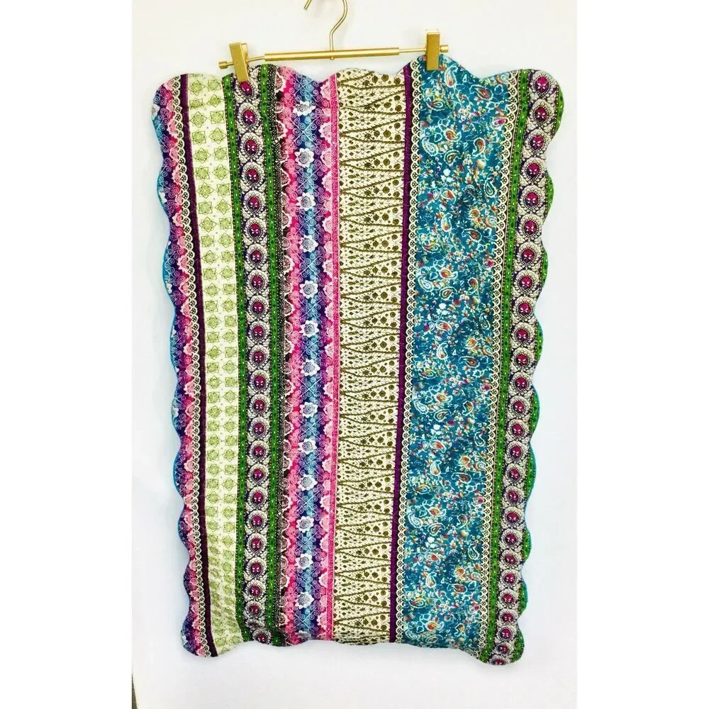 Vintage Floral Paisley Indian Striped Pillow Sham Scalloped Embroidered Border l